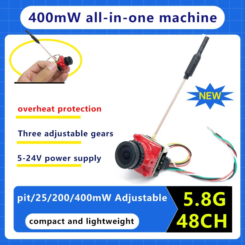 SLONWAKE FPV 5.8G 400mW all-in-one-machine overheat protection DC 5-24V 12g Camera 1500TVL for RC Drone