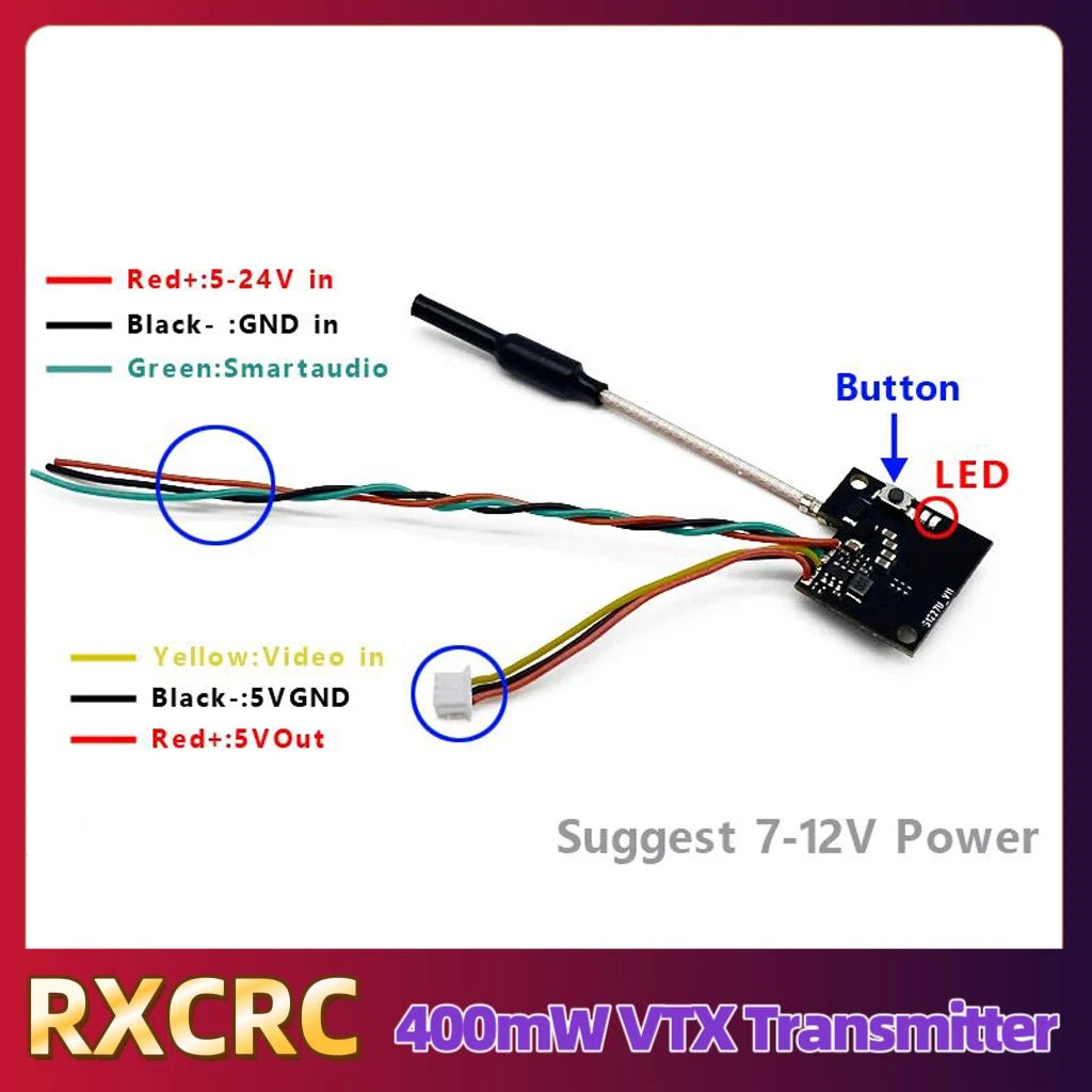 RXCRC 5.8G 48CH 400mW e7087U MINI VTX Transmitter.with Suitable for 19*19 mm cameras.for RC FPV Long Range Fixed-wing Drones