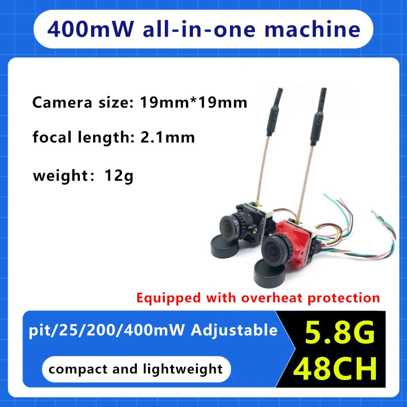 SLONWAKE FPV 5.8G 400mW all-in-one-machine overheat protection DC 5-24V 12g Camera 1500TVL for RC Drone