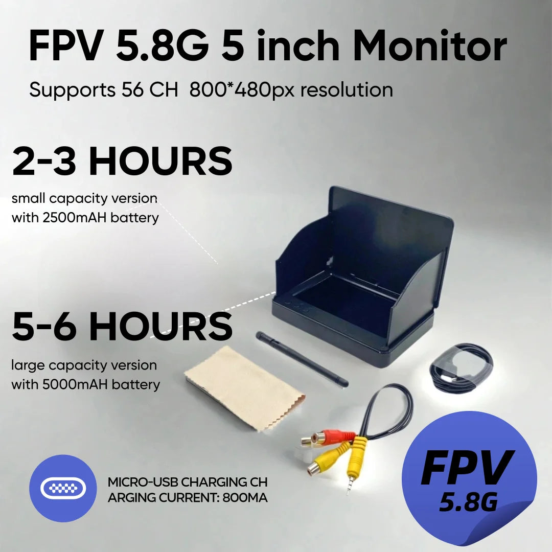 SLONWAKE 5.8G 56CH FPV 5 inch Monitor large capacity versionwith 5000mAH battery  800*480px For RC Multicopter FPV Drone
