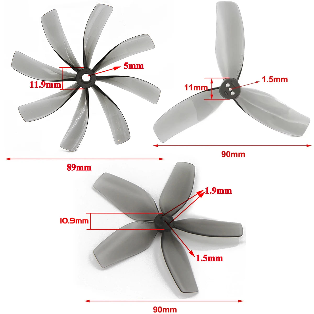 2Pairs 3.5inch 89x8 90x5 90x3 8/5/3-blade CW CCW PC Prop 5mm/1.5mm Shaft Propeller for FPV Racing Drone Quadcopter Cinewhoop DIY
