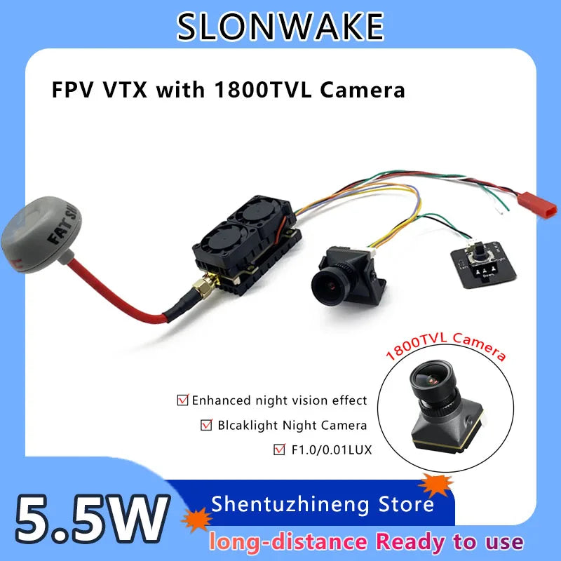 LONWAKE long-distance 5W 5.8G 48CH FPV VTX Transmitter adjustable and CMOS 1800TVL Camera Night Vision use for FPV RC Drone