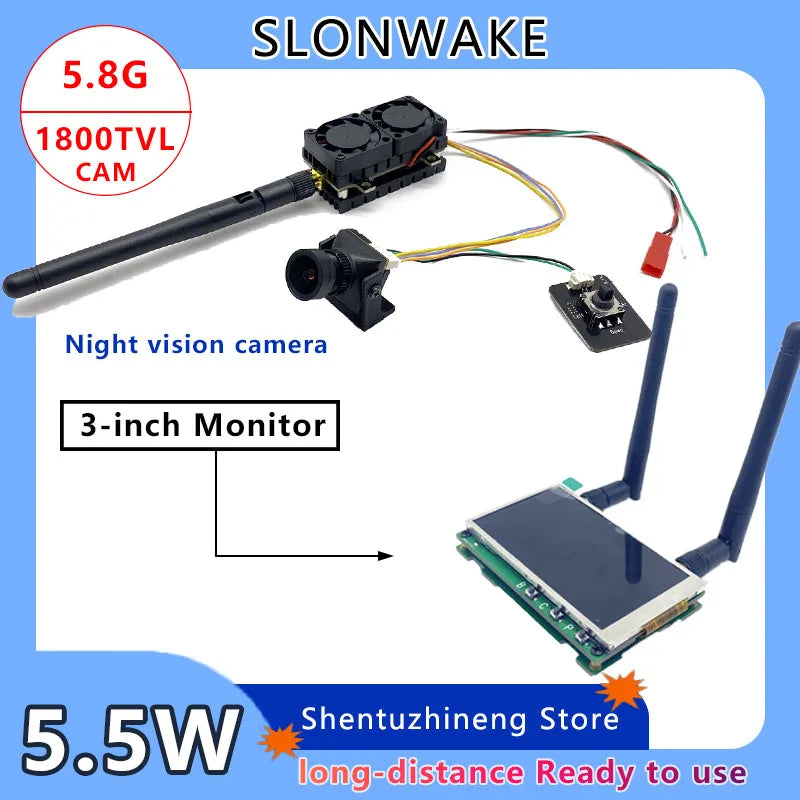 SLOMWAKE FPV 30KM 48CH 5.8G 5.5W VTX Transmitter CMOS 1800TVL Starlight Night Vision Camera with 3-inch Monitor for RC Drones