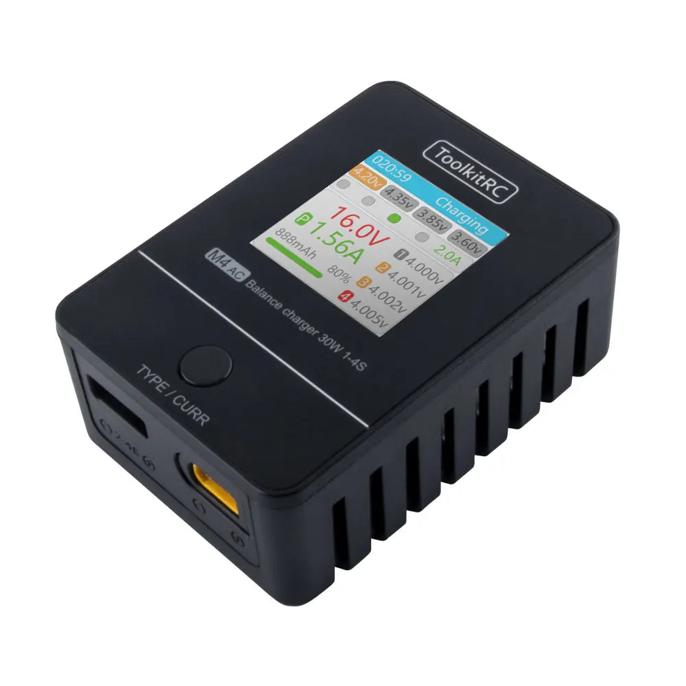 ToolkitRC M4AC 30W LiPO LiFE LiHV Compact AC Charger 1-4S XT30/ XT60 Interface for RC Model FPV Racing Freestyle Drone Batteries
