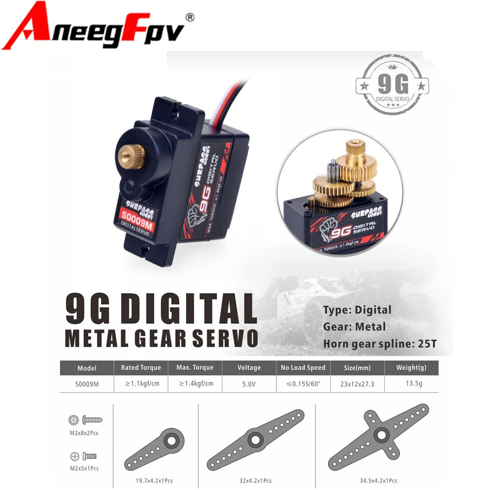 SURPASS HOBBY S0009M 9g Metal Gear Digital Servo 1.9KG for RC Drone Airplane Robot Car Boat Duct Plane
